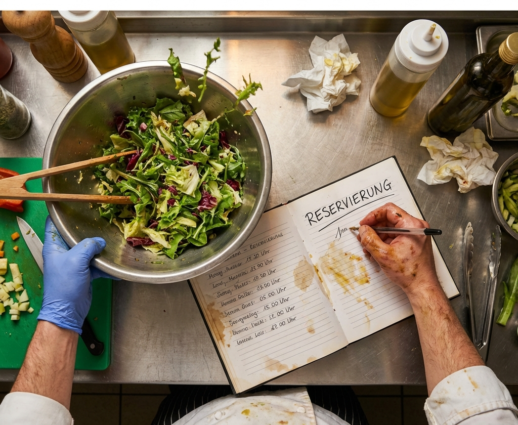 Küchenchef rührt Salat, schreibt Notizen und das Telefon klingelt